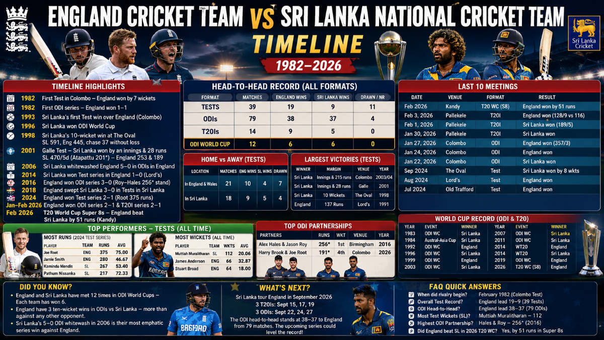 England Cricket Team vs Sri Lanka National Cricket Team Timeline: Complete History, Records & Stats (1982–2026)