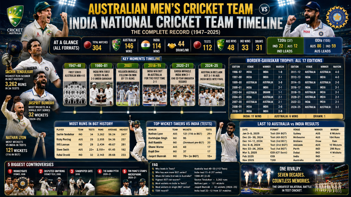 Australian Men’s Cricket Team vs India National Cricket Team Timeline: The Complete Record (1947–2025)
