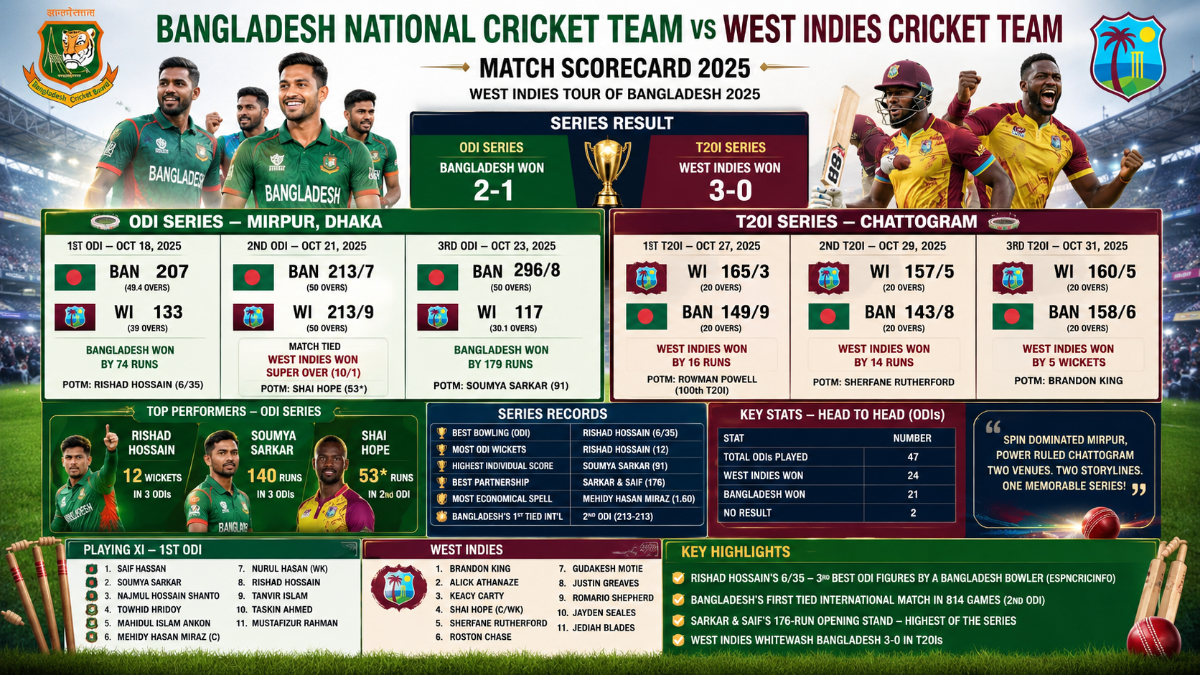 Bangladesh vs West Indies Match Scorecard 2025 – Full ODI and T20I Series Results