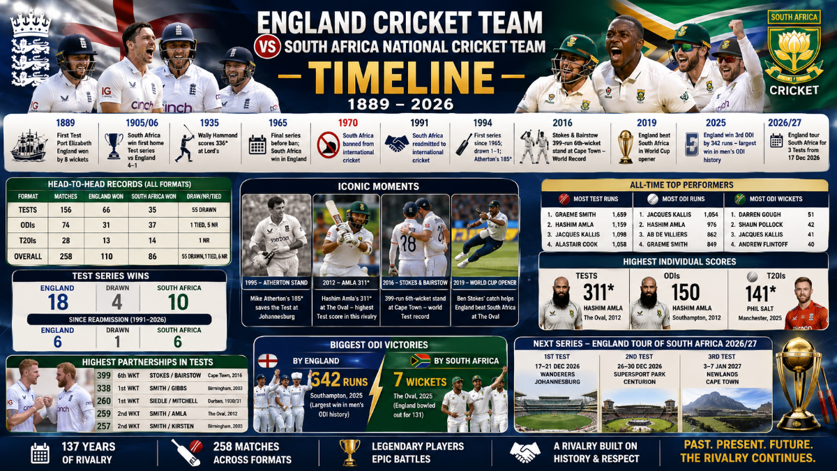 England Cricket Team vs South Africa National Cricket Team Timeline: Complete Rivalry History (1889–2026)