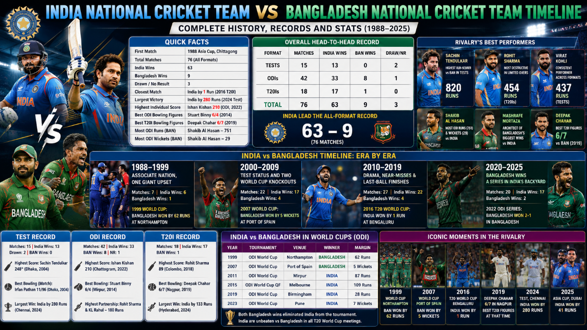 India National Cricket Team vs Bangladesh National Cricket Team Timeline: Complete History, Records and Stats (1988–2025)