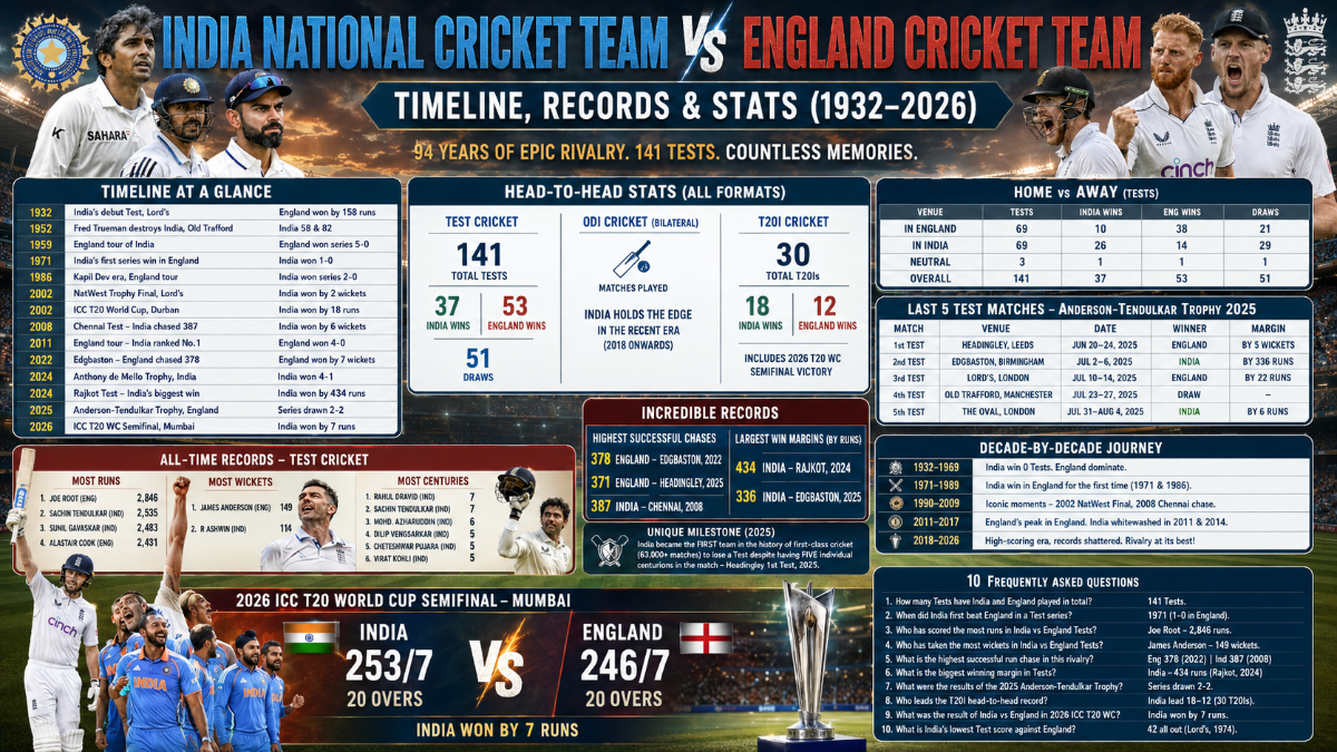 India vs England Cricket: Complete Rivalry Timeline, Records and Stats (1932–2026)