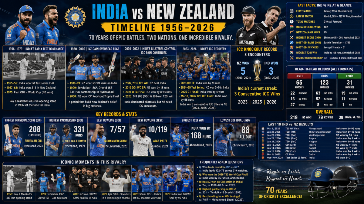 India National Cricket Team vs New Zealand National Cricket Team Timeline