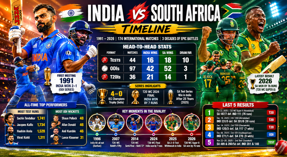 India vs South Africa Cricket Timeline: Head-to-Head Records, Stats and Full History (1991–2026)