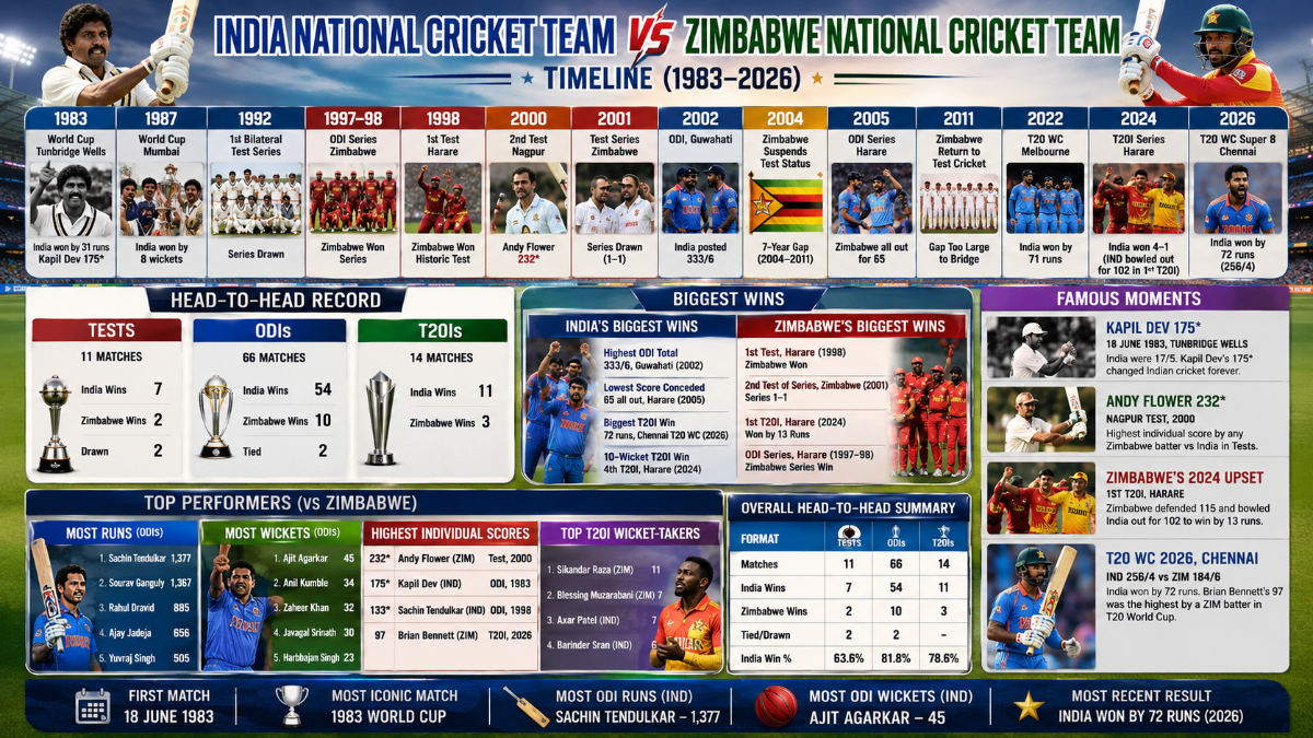 India National Cricket Team vs Zimbabwe National Cricket Team Timeline: Complete History, Records and Stats (1983–2026)