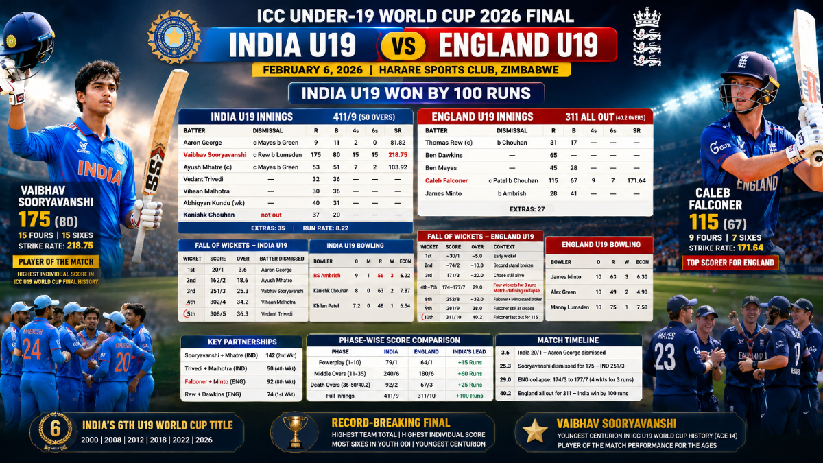 India U19 vs England U19 Scorecard- ICC Under-19 World Cup 2026 Final: Full Match Report, Records & Analysis