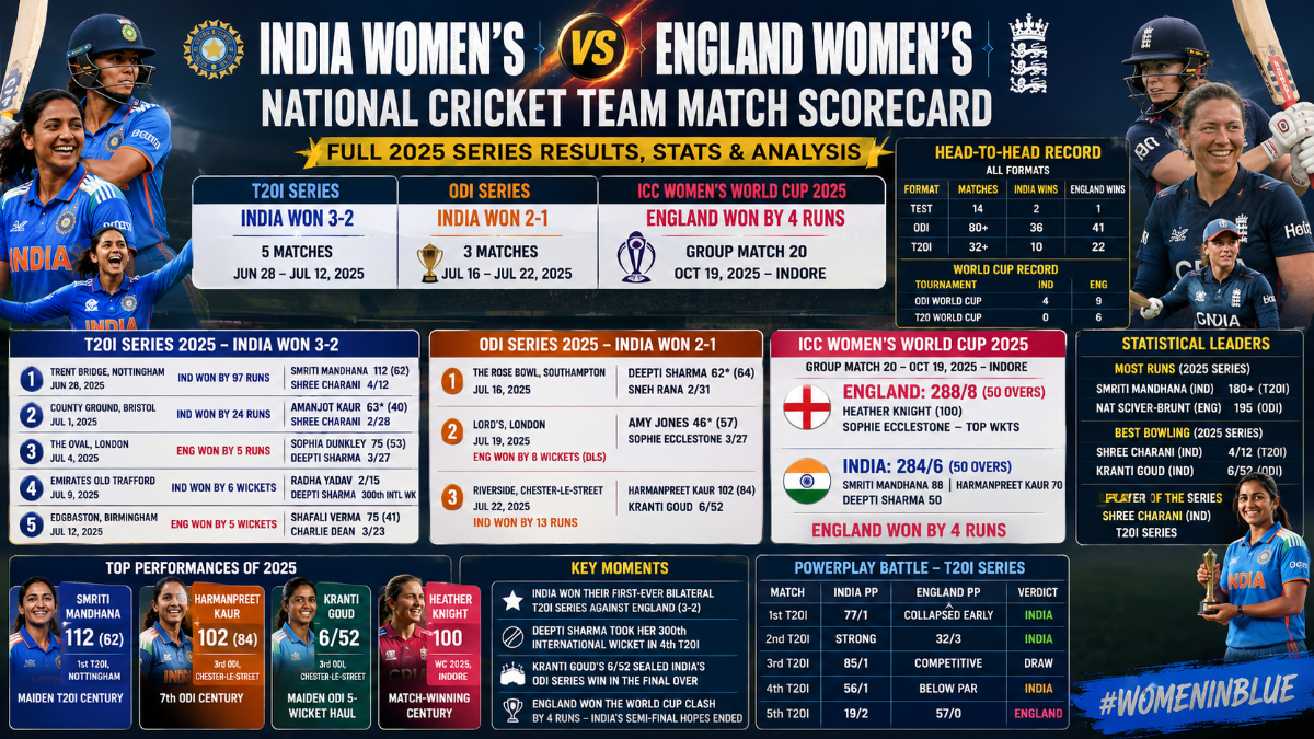 India Women vs England Women Match Scorecard – Full 2025 Series Results, Stats & Analysis