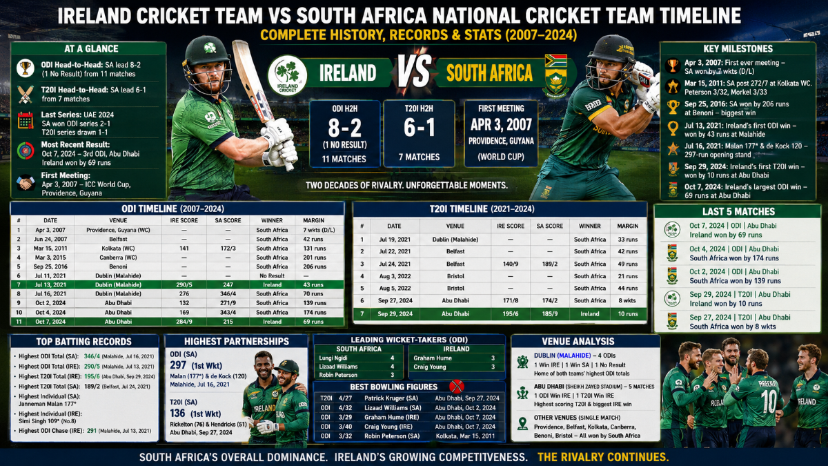 Ireland vs South Africa Cricket: Full Timeline, H2H Records and Stats (2007–2024)