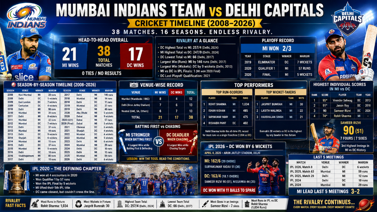 Mumbai Indians vs Delhi Capitals: Complete IPL Cricket Timeline, Head-to-Head Records & Rivalry Stats (2008–2026)