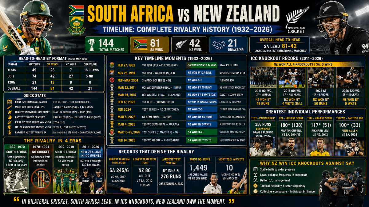 South Africa vs New Zealand Cricket Timeline: Complete Rivalry History, Head-to-Head Records and Stats (1932–2026)