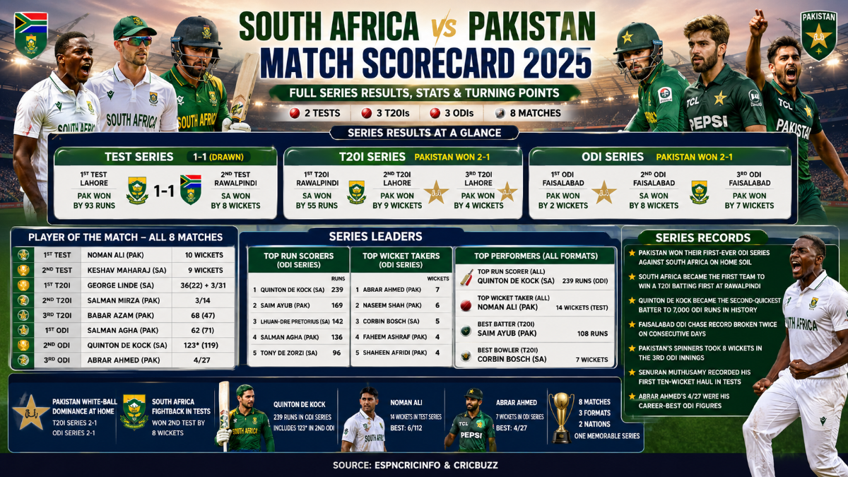 South Africa vs Pakistan Match Scorecard 2025: Full Series Results, Stats & Turning Points