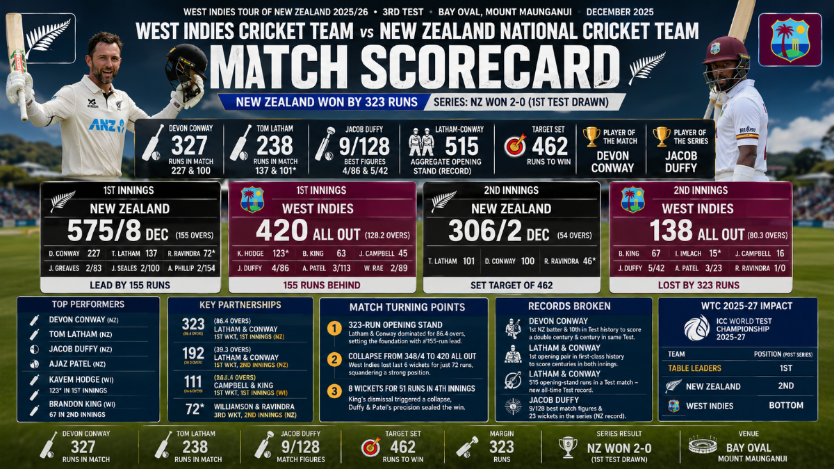 NZ vs WI 3rd Test Scorecard: New Zealand Beat West Indies by 323 Runs at Mount Maunganui