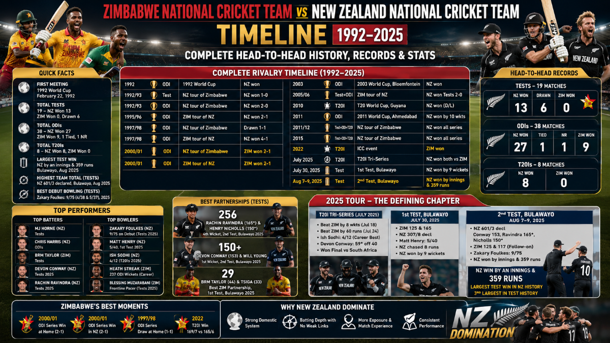 Zimbabwe vs New Zealand Cricket Timeline: Complete Head-to-Head History, Records & Stats