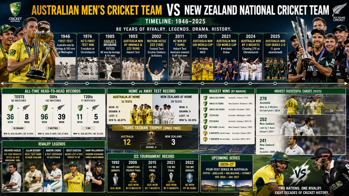 Australian Men’s Cricket Team vs New Zealand National Cricket Team Timeline: Complete Rivalry History (1946–2025)