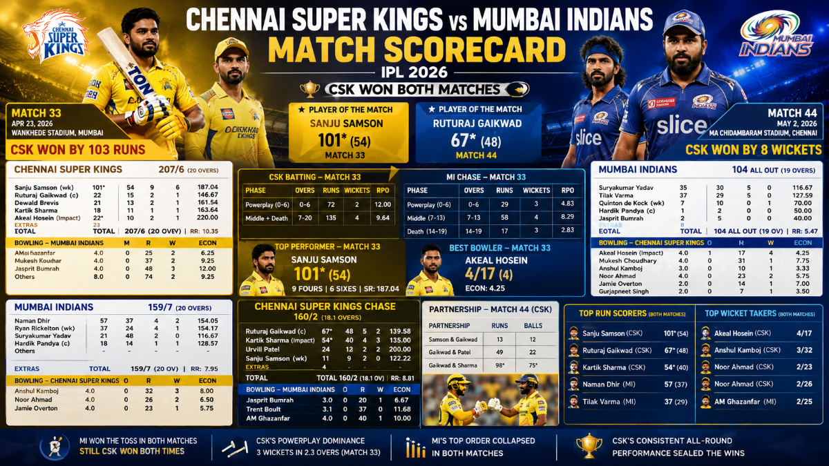 Chennai Super Kings vs Mumbai Indians Match Scorecard – IPL 2026 (Match 33 & 44)