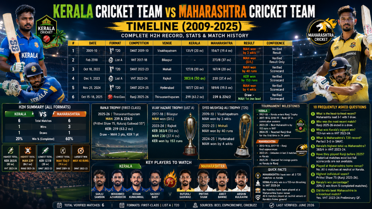 Kerala Cricket Team vs Maharashtra Cricket Team Timeline: Complete H2H Record, Stats and Match History
