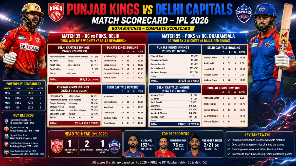 Punjab Kings vs Delhi Capitals Match Scorecard IPL 2026 (Complete Both Matches)