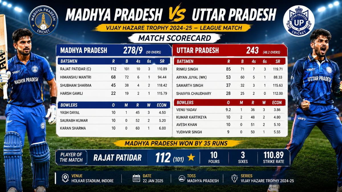 Madhya Pradesh Cricket Team vs Uttar Pradesh Cricket Team Match Scorecard: Complete Head-to-Head Analysis