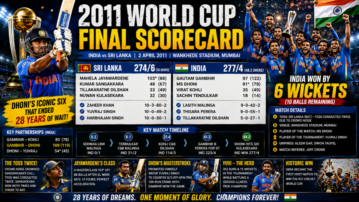 2011 World Cup Final Scorecard: India vs Sri Lanka Full Match Report